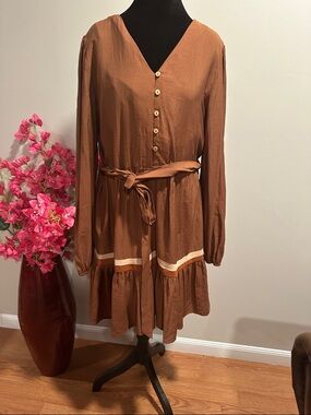 Long Sleeve V-Neck Brown Tiered Dress with Waist Tie